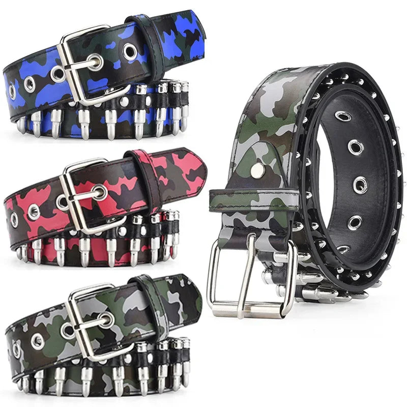 Cropped Studded Men's Belt Punk Rock Style Camouflage Fashionable Leather Belt For Men Women Cross-border Bestseller