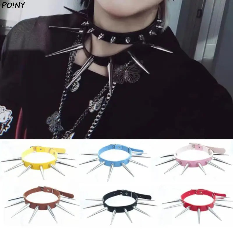 Long Spike Choker Punk Faux Leather Collar For Women Men Cool Big Rivets Studded Chocker Goth Style Necklace Accessories