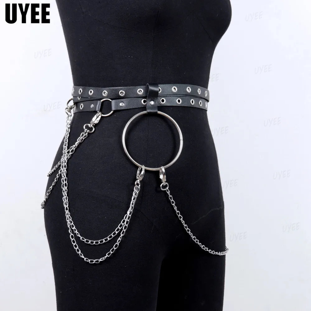 UYEE Goth Waist Chain Punk Belt for Women Multi-layer PU Leather Harness Corset Alloy Metal Rock Nightclub Sexy Jeans Dress Belt