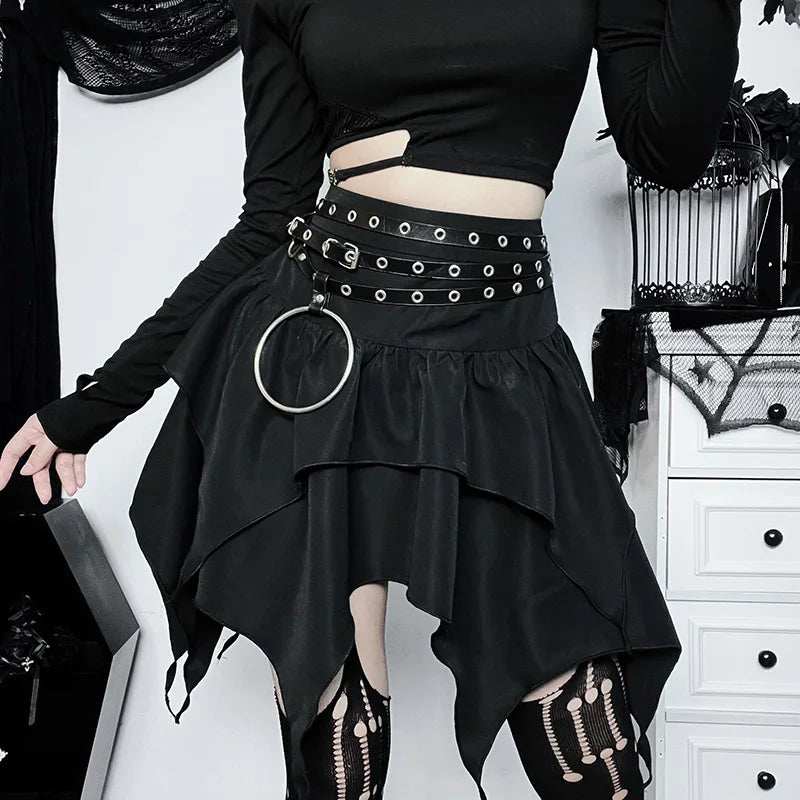 Women Gothic Punk Irregular Skirts New Sexy Solid Color Drawstring Tie-Up Ruched Ruffles Mini Skirt Summer Fashion Short Skirts