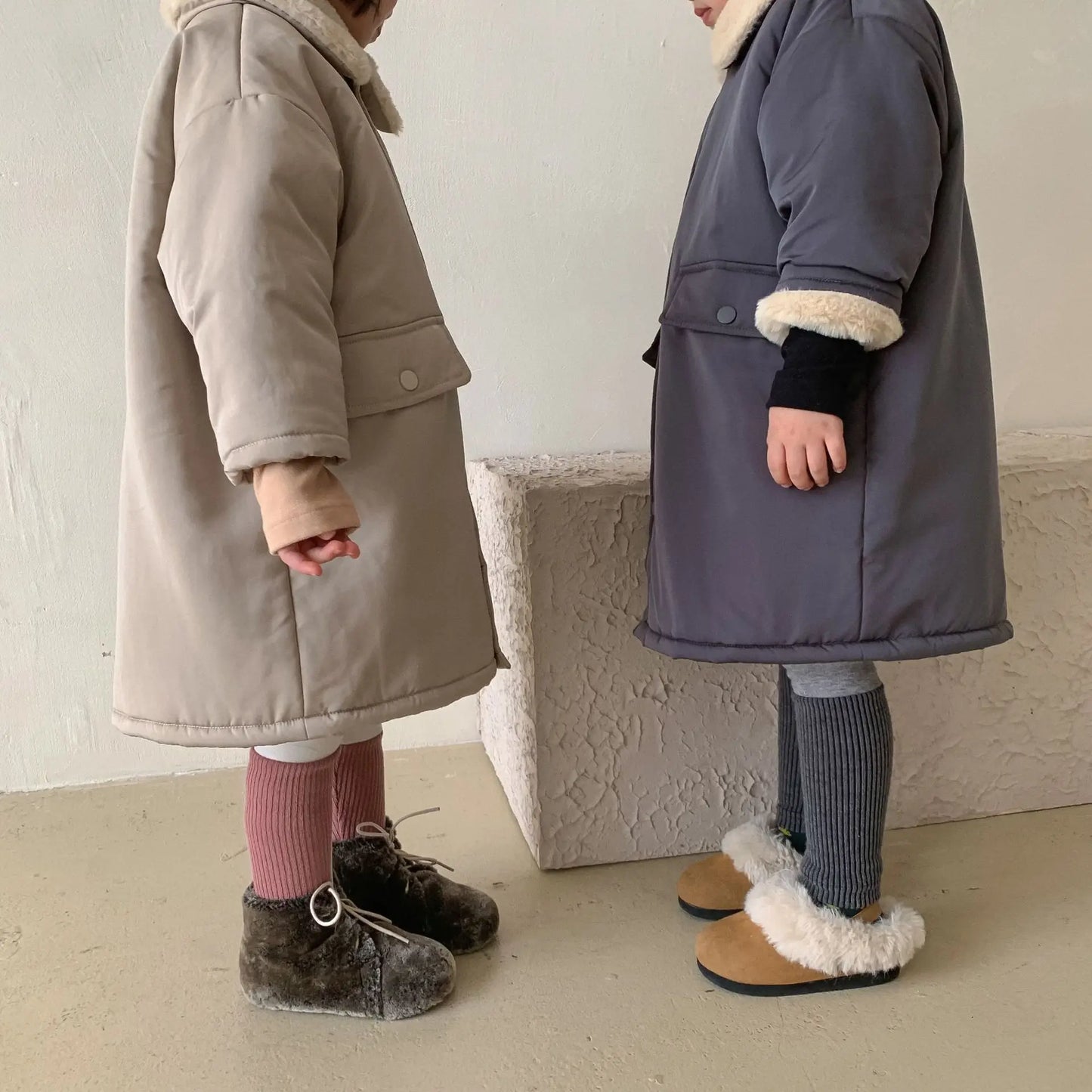 2023 Winter Girls Boys Thick Warm Fleece Long Jacket Baby Kids Children Pocket Coat Outerwear Two Colors