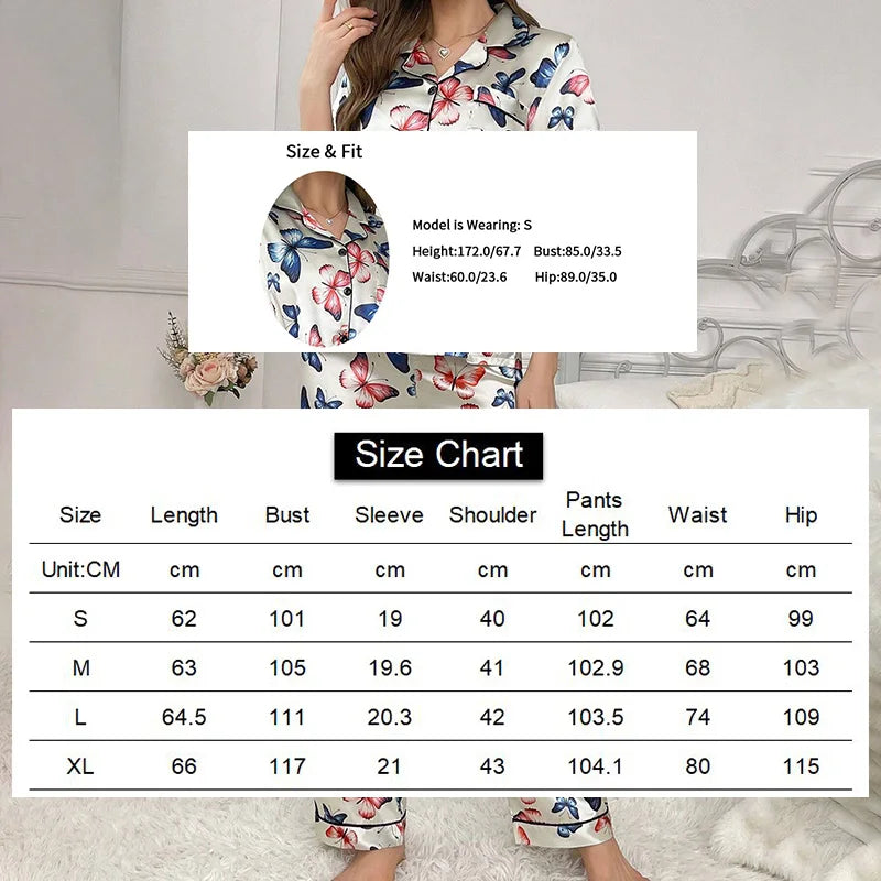 Butterfly Print Pajamas Women Autumn Short Sleeve Buttons Top & Long Pants Pajama Pj Sets Ladies Sleepwear Loungewear Nightwear