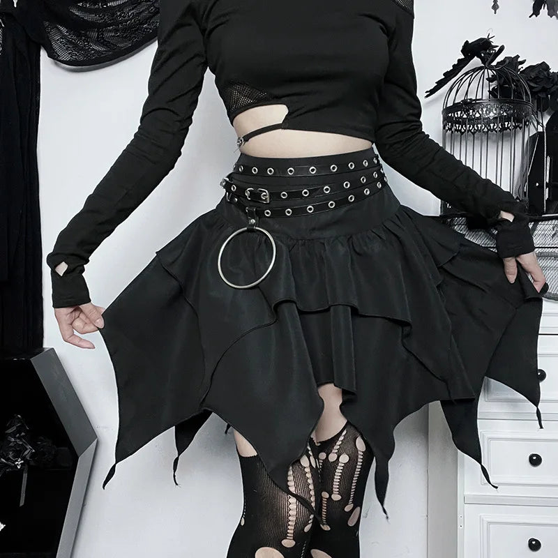 Women Gothic Punk Irregular Skirts New Sexy Solid Color Drawstring Tie-Up Ruched Ruffles Mini Skirt Summer Fashion Short Skirts