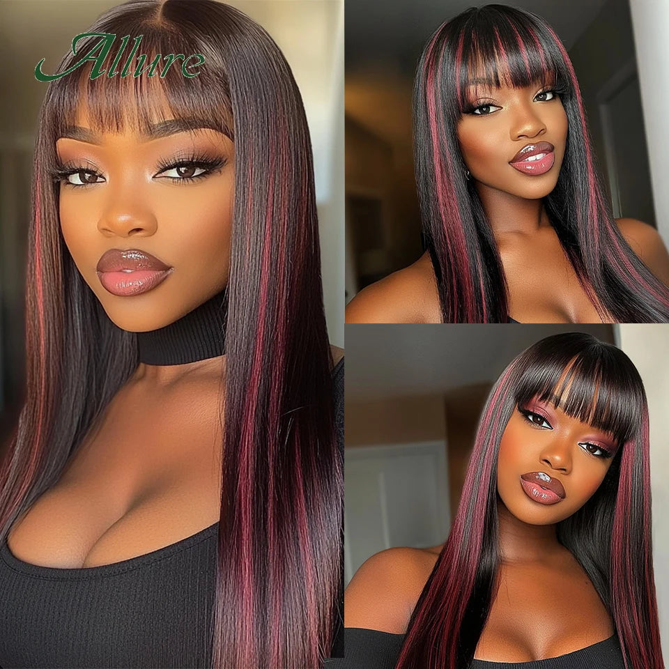 Brazilian Straight Human Hair Wigs for Women Ombre Glueless Wig With Bangs 180% Density Burgundy Colored Hair Long Wigs Allure