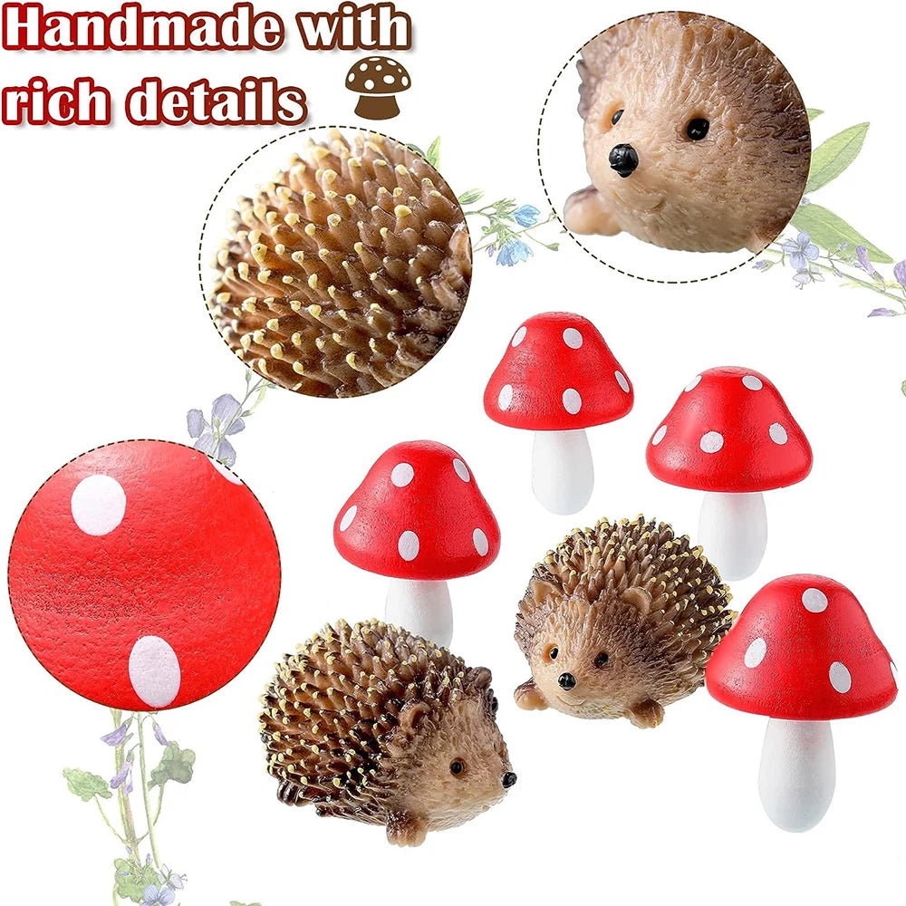 Outdoor Fairy Wild Garden Resin Hedgehogs and Wood Mushroom Accessories Miniature Garden for Plant Bonsai Craft Decor Supplies