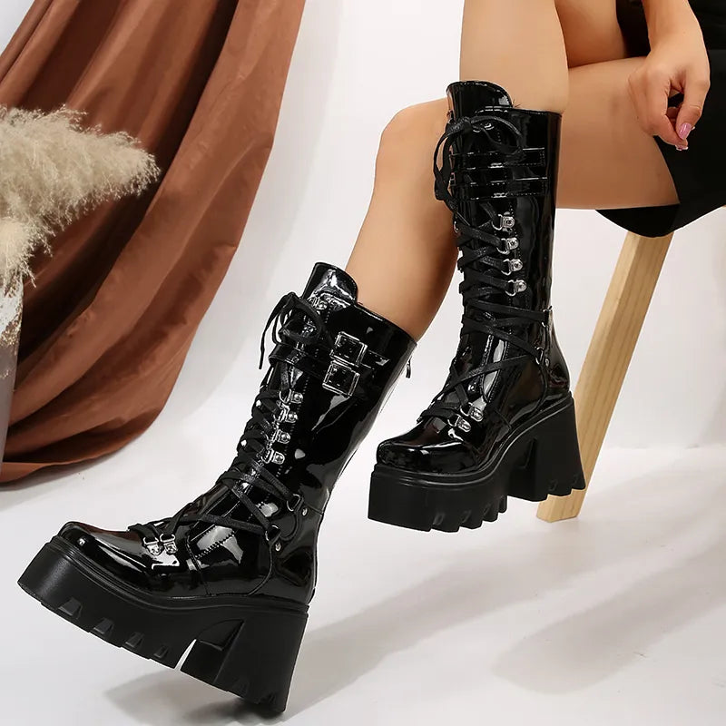 2023 New Punk Motorcycle Boots Women Patent Leather Wedges Platform Mid Calf Boots Woman Lace-Up Chunky Heel Gothic Botas Mujer