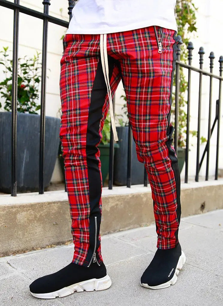 2024 Spring and Autumn hip hop pants Scottish lattice zipper slim pants men's casual pants elastic waist sports hipster men