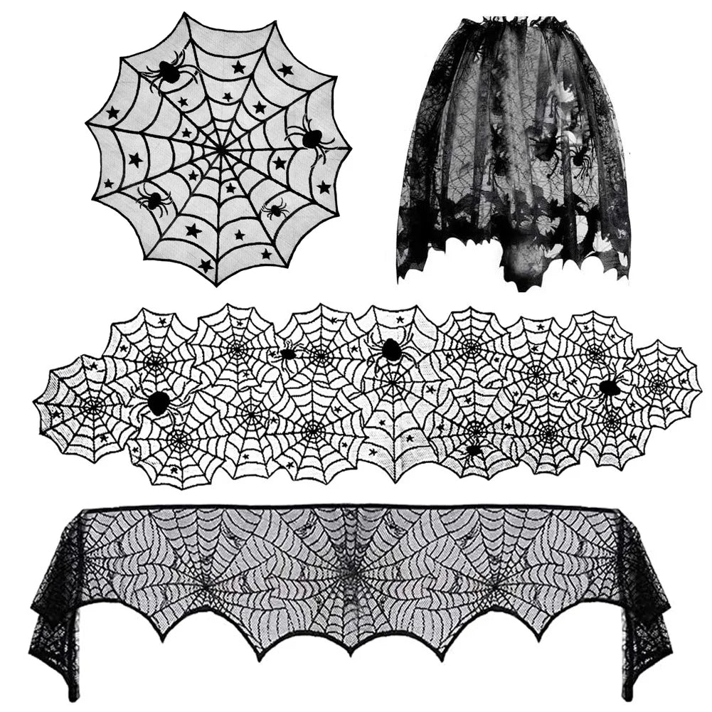 Halloween Decorations Tablecloth Runner Black Lace Round Spider Cobweb Table Cover Fireplace Mantel Scarf Spiderweb Fireplace