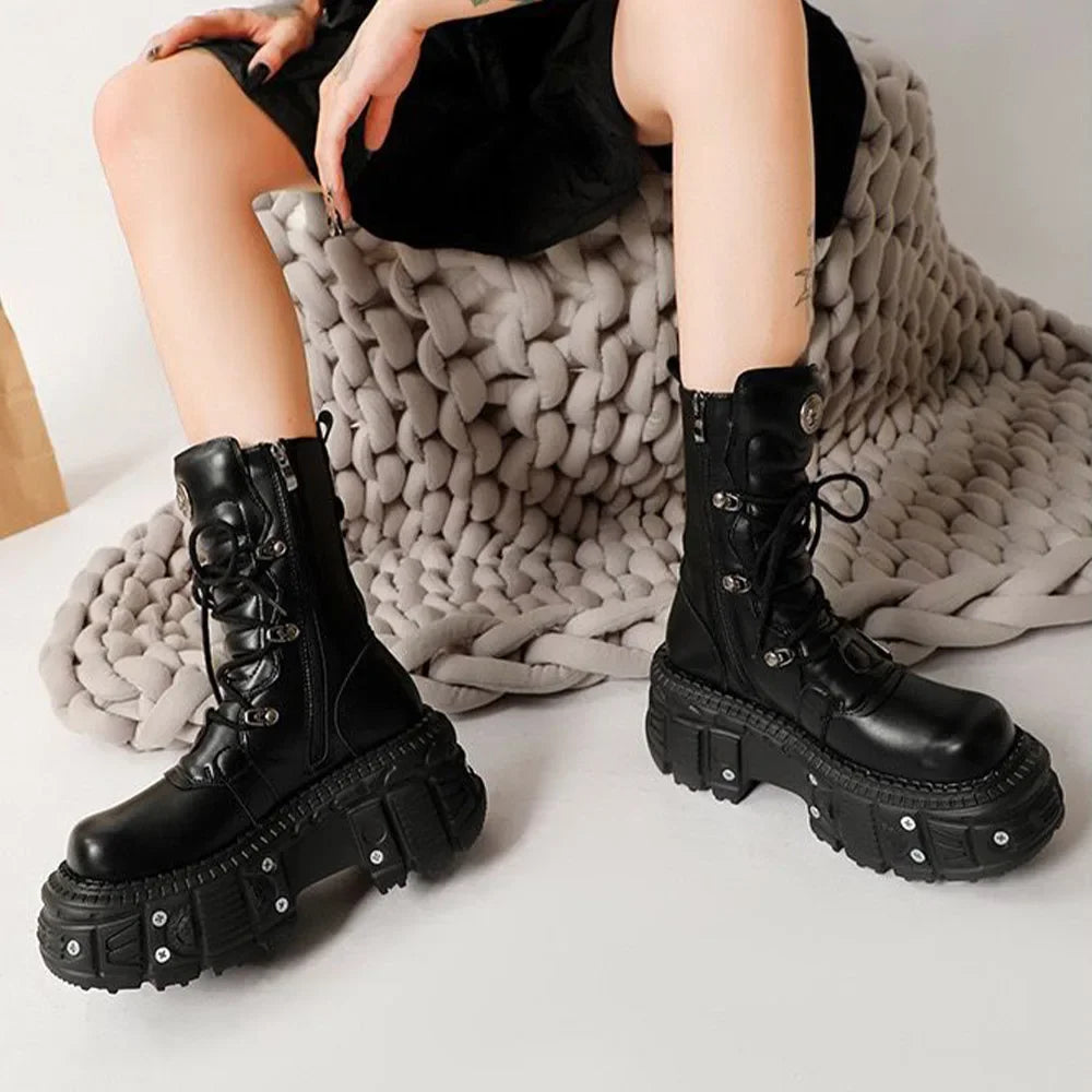 2024 New Punk Style Women Shoes Lace-up Platform Shoes Woman Rock Boots Metal Decor Thick Bottom Street Shot Knight