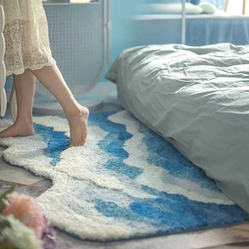 Aesthetic Wave Rug High-Quality Flocking Antislip Carpet Bathroom Blue Sea Tufted Carpet House Decoration Kid Room Bedside Rug