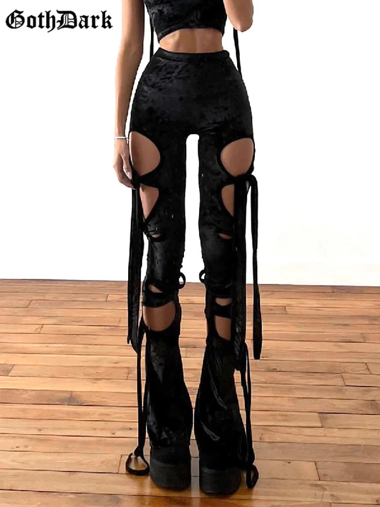 Goth Dark Velvet Hollow Out Mall Gothic Pencil Pants Grunge Aesthetic Punk Sexy High Waist Trousers Y2k Bandage Women Alt Bottom