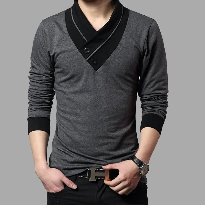 2024 Fashion Brand Trend Slim Fit Long Sleeve T Shirt Men Patchwork Collar Tee V-Neck Men T-Shirt Cotton T Shirts Plus Size 5XL