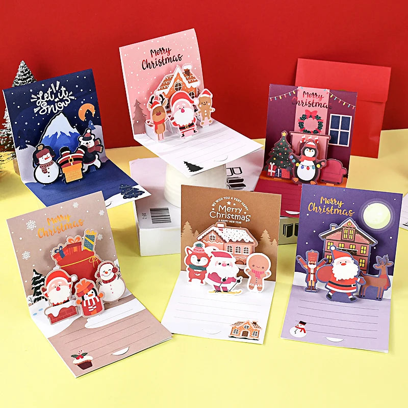 1set Merry Christmas 3D Pop UP Greeting Cards With Envelope Christmas Thank You Invitation Blessing Postcard New Year Xmas Noel