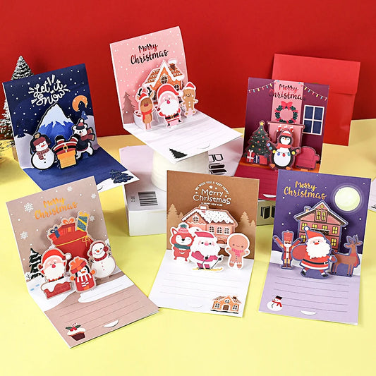 1set Merry Christmas 3D Pop UP Greeting Cards With Envelope Christmas Thank You Invitation Blessing Postcard New Year Xmas Noel