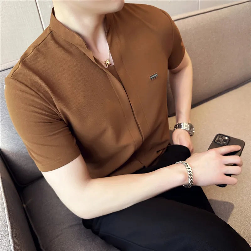 Camisas De Hombre Summer Stand Collar Shirts For Men Clothing High Quality Fashion Spliced Design Slim Fit Mens Dress Shirts 4XL