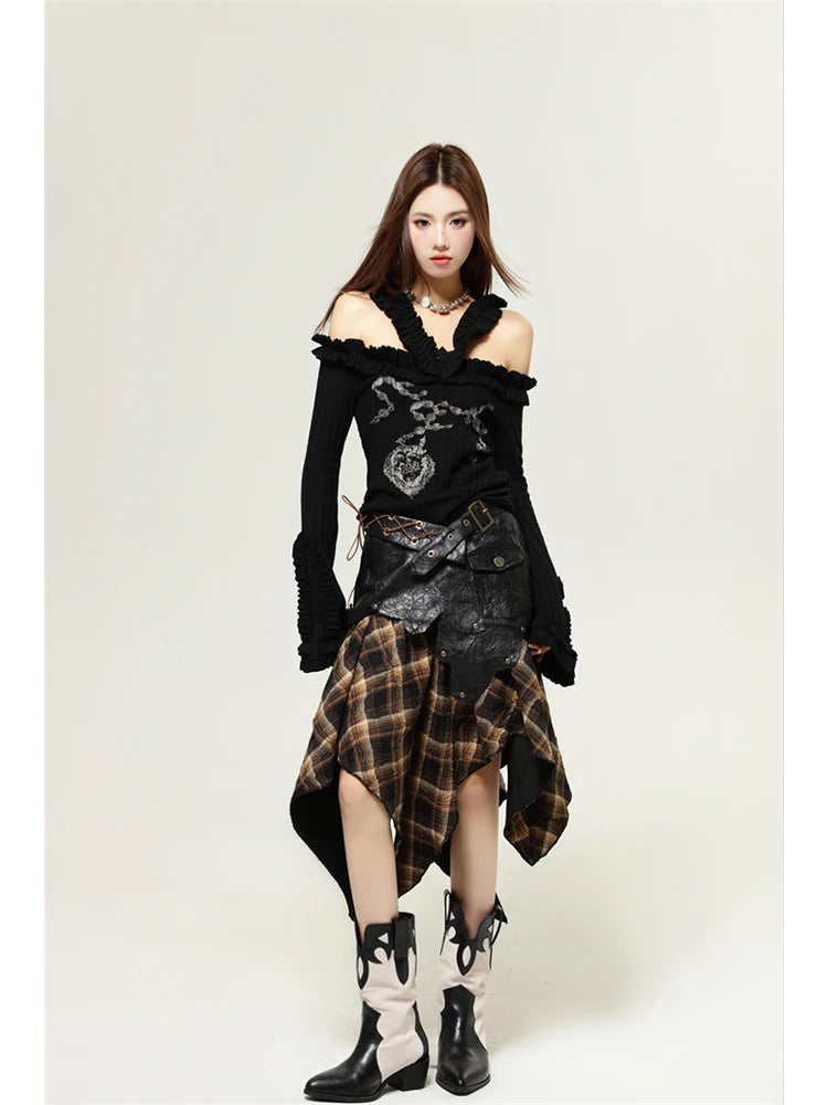 Women's Patchwork Leather Plaid Skirt Harajuku Y2k Vintage Skirts 90s Aesthetic Fashion A-Line Skirt Emo 2000s Punk Goth Clothes