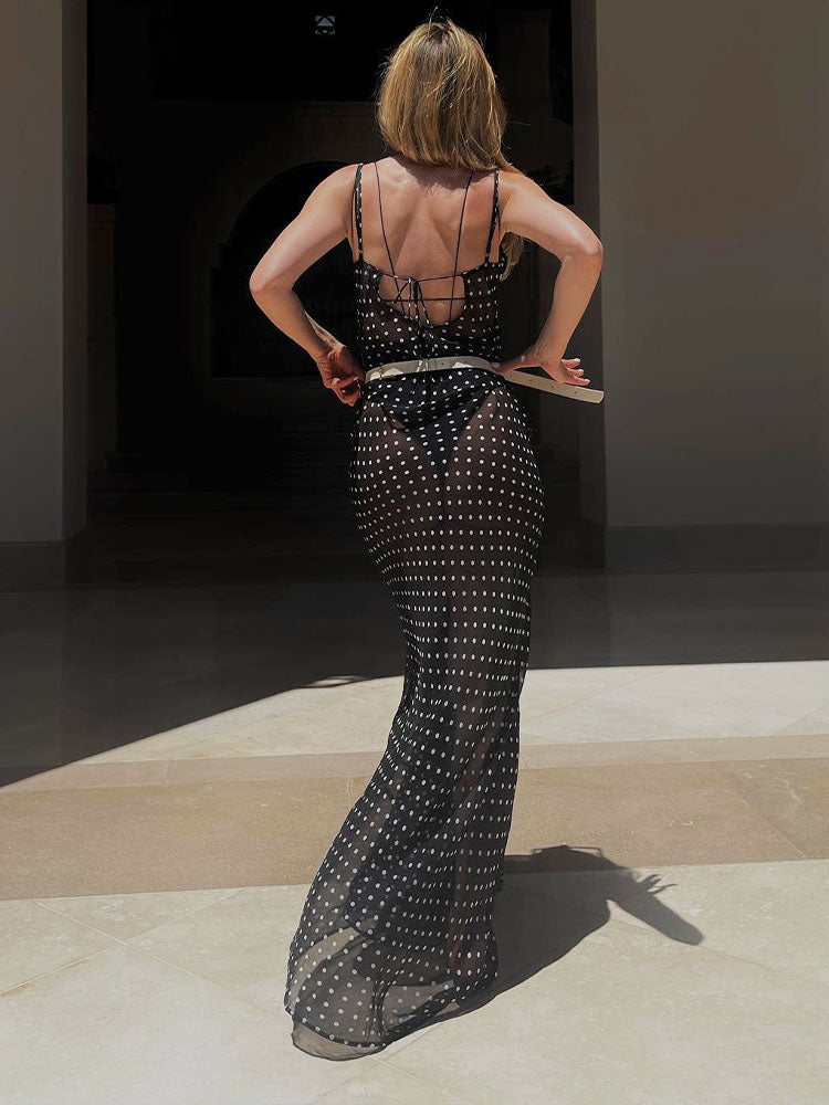 2025 Black Fashion Polka Dots Sundress Sexy See Through Spaghetti Strap Maxi Dress Women Summer Clothes Party Slip Dresses A1259