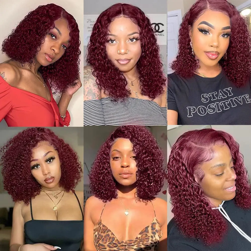 99J Burgundy Bob Deep Wave Lace Front Wigs Human Hair For Women 13x4 HD Lace Frontal Short Curly Bob Wigs Hair Wigs