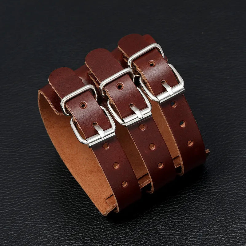 KOTik 2023 New Fashion Genuine Leather Wide Cuff Bangles Punk Vintage Three Layers Wide Black Brown Men Jewelry Bracelets