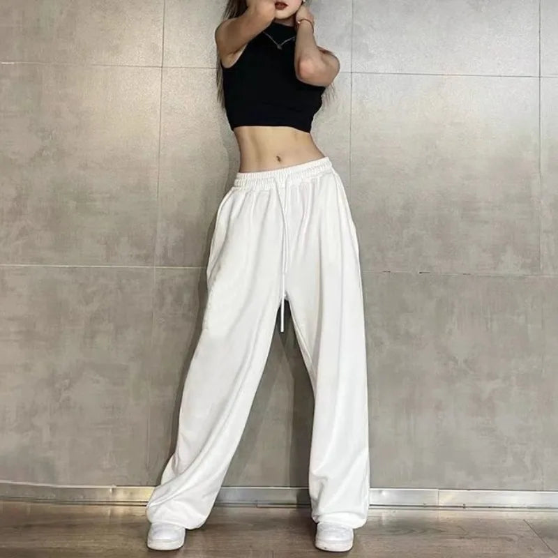 Hip Hop Leggings Sports Women's Spring and Autumn Patchwork High Waisted Drawstring Pockets Solid Color Loose Casual Jazz Pants