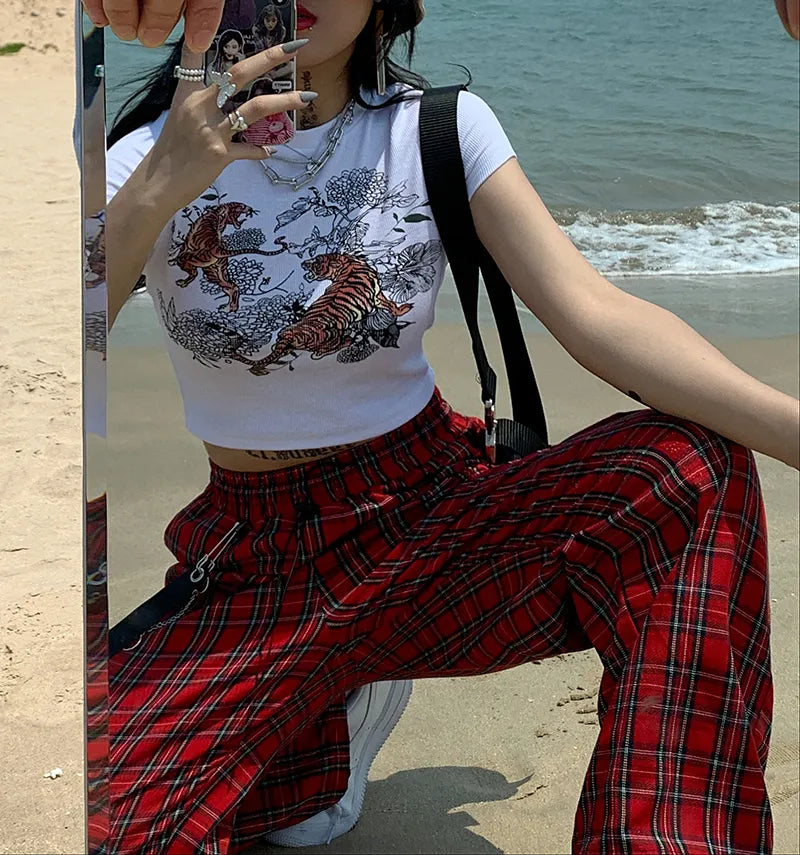 Gothic Harajuku Red Plaid Cargo Pants Women Chain Wide Leg Goth Hippie Streetwear Trousers Loose Female Baggy Fashion