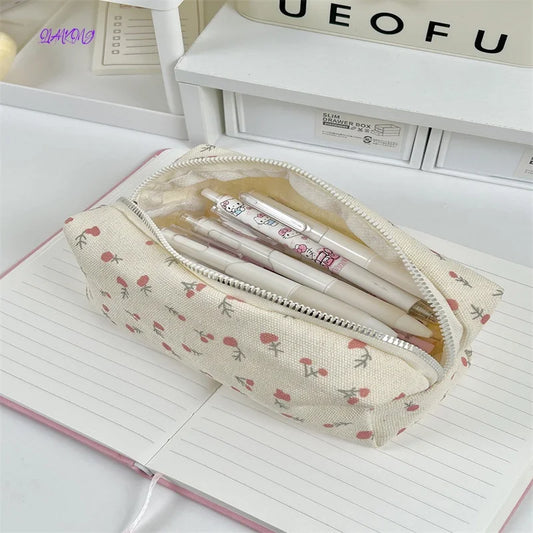 2024 New Cute Kawaii Floral Flower Canvas Zipper Pencil Cases Lovely Fabric Flower Tree Pen Bags School Supplies pencil pouch