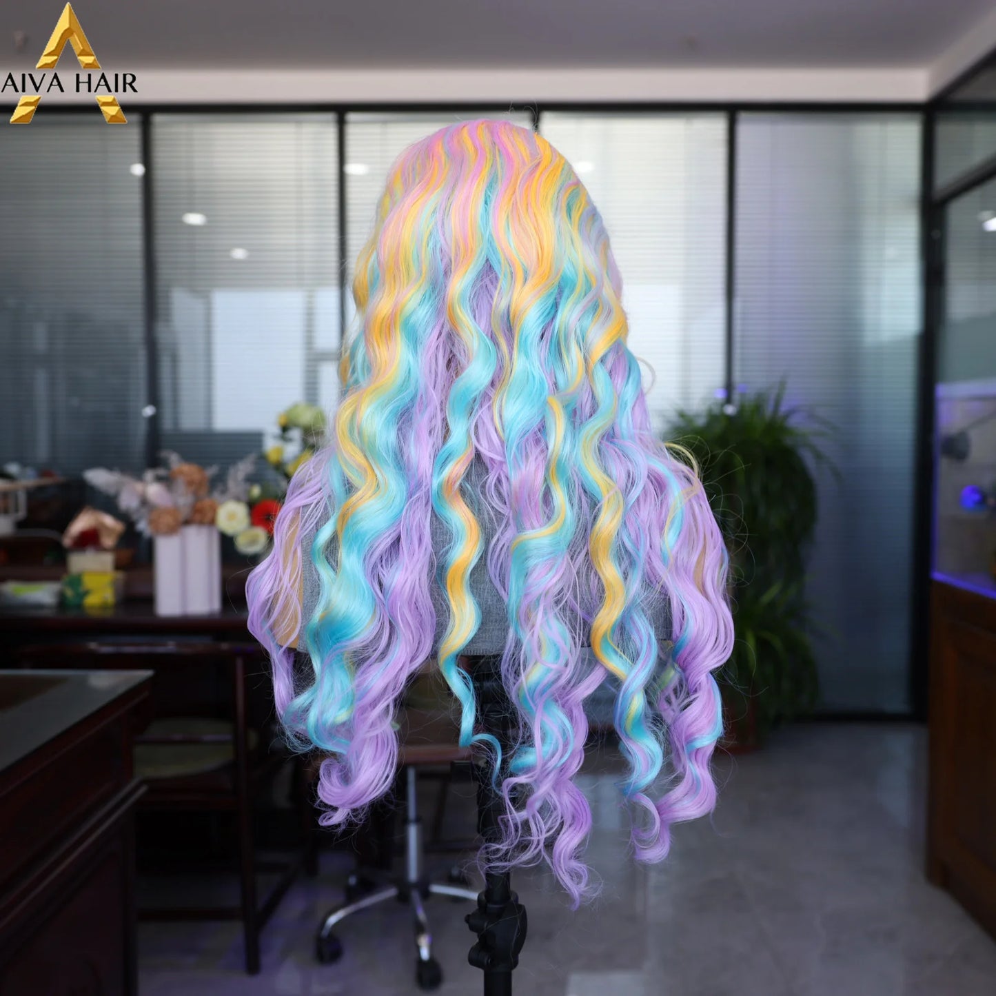 Aiva Rainbow Lace Front Long Wave Wig Multi Color Mixed Wig For Cosplay Party Wig Transparent Lace High Temperature Resistant