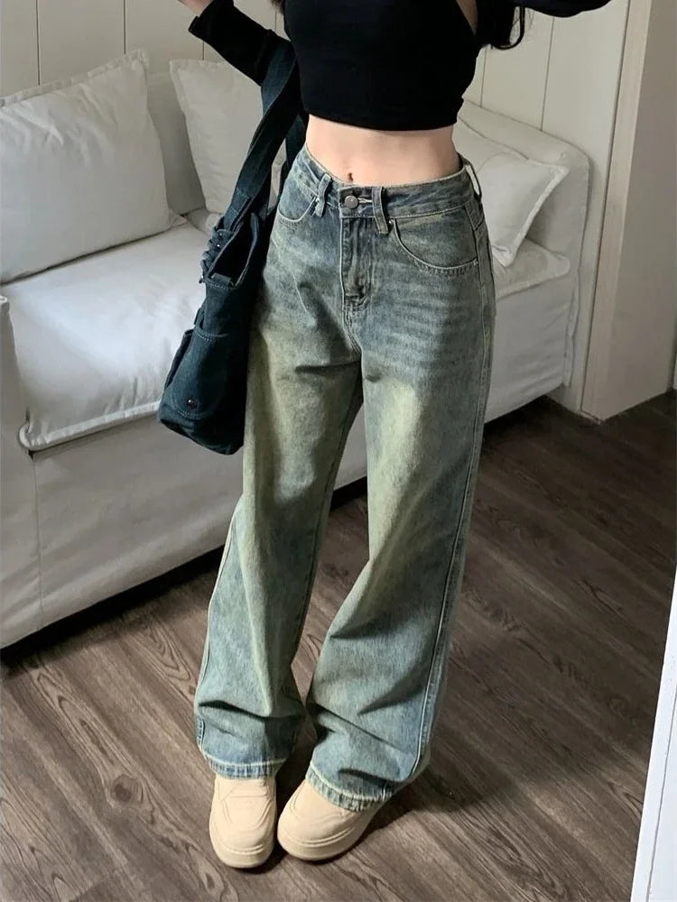 Deeptown Y2k Baggy Wide Leg Jeans Women Vintage Streetwear Washed Denim Pants Grunge Basic Slouchy Blue Trousers Femme Autumn