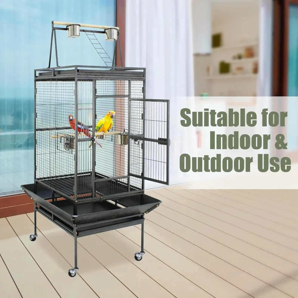 68-Inch Birdcage, Playtop Parrot Cage, Wrought Iron Bird Cage with Rolling Stand, Heavy-Duty Pet Bird House for Parrot Cockatiel