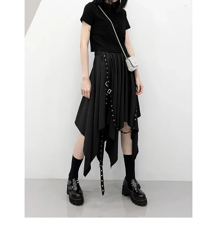 Gothic Irregular Skirts Women Harajuku Vintage Punk High Waist Cargo Midi Skirt Japanese Black Pleated Casual A Line Skirt