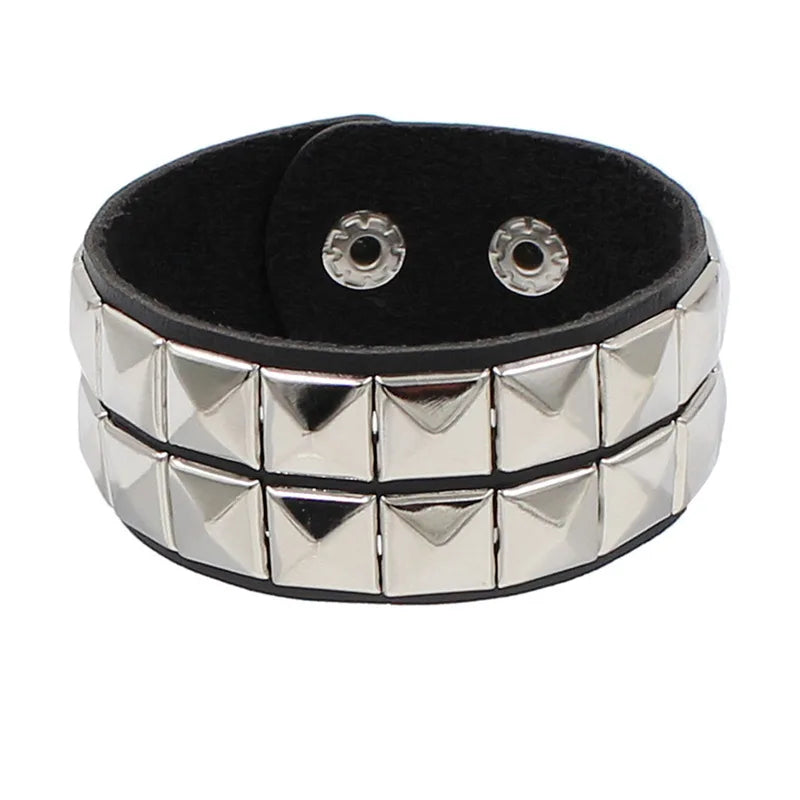 Punk Unique Row Spikes Rivet Stud Wide Cuff Leather Bracelet Punk Gothic Rock Unisex Bangle Bracelet Men Jewelry