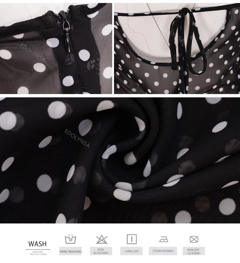 2025 Black Fashion Polka Dots Sundress Sexy See Through Spaghetti Strap Maxi Dress Women Summer Clothes Party Slip Dresses A1259