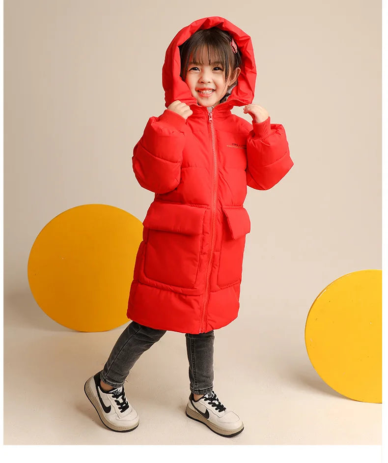 2023 Autumn Winter Korean Version Children Medium Long Style Down Cotton Jacket Baby Boys Girls Zipper Hooded Outwear 3-10Y