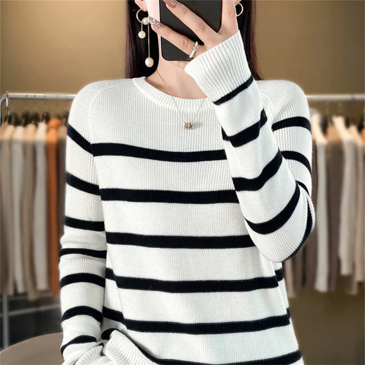 Women's boutique high-end round neck sweater knitted cashmere sweater Women's color matching pullover Long sleeved new cashmere