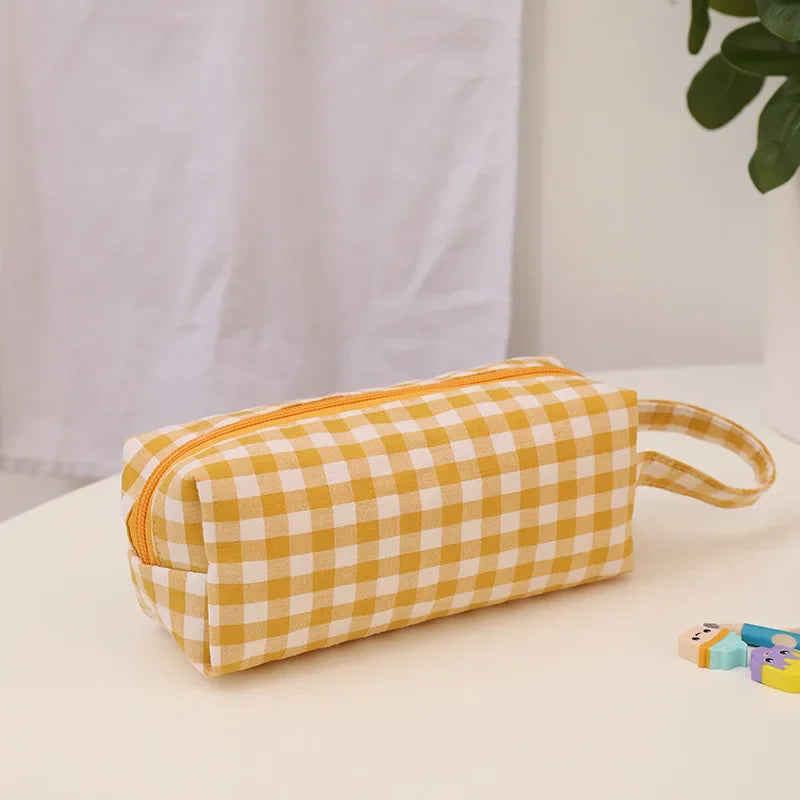 Korean Style Checkerboard Large Capacity Pencil Case Kawaii Rabbit Canvas Pencil Bag School Box Pouch Stationery School Supplies