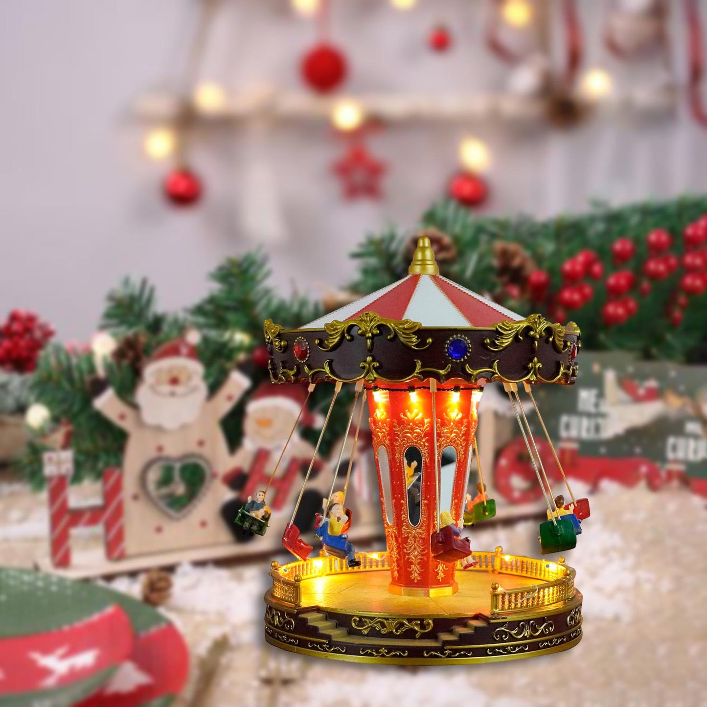 Rotatable LED Christmas Carousel Statue Music Box Decoration Table Centerpiece for Birthday Valentine's Day Children Xmas Gifts