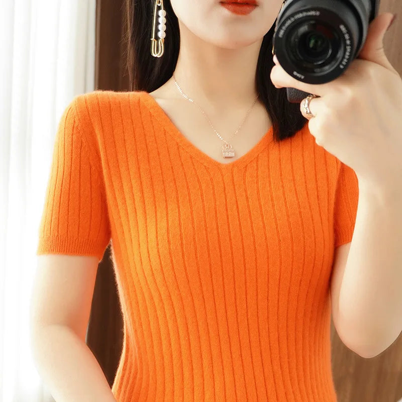 2023 Spring Summer Women Sweater V-neck Short Sleeve Tshirt Korean Fashion Knitwears Slim Fit Pullovers Bottoming Inner Knit Top