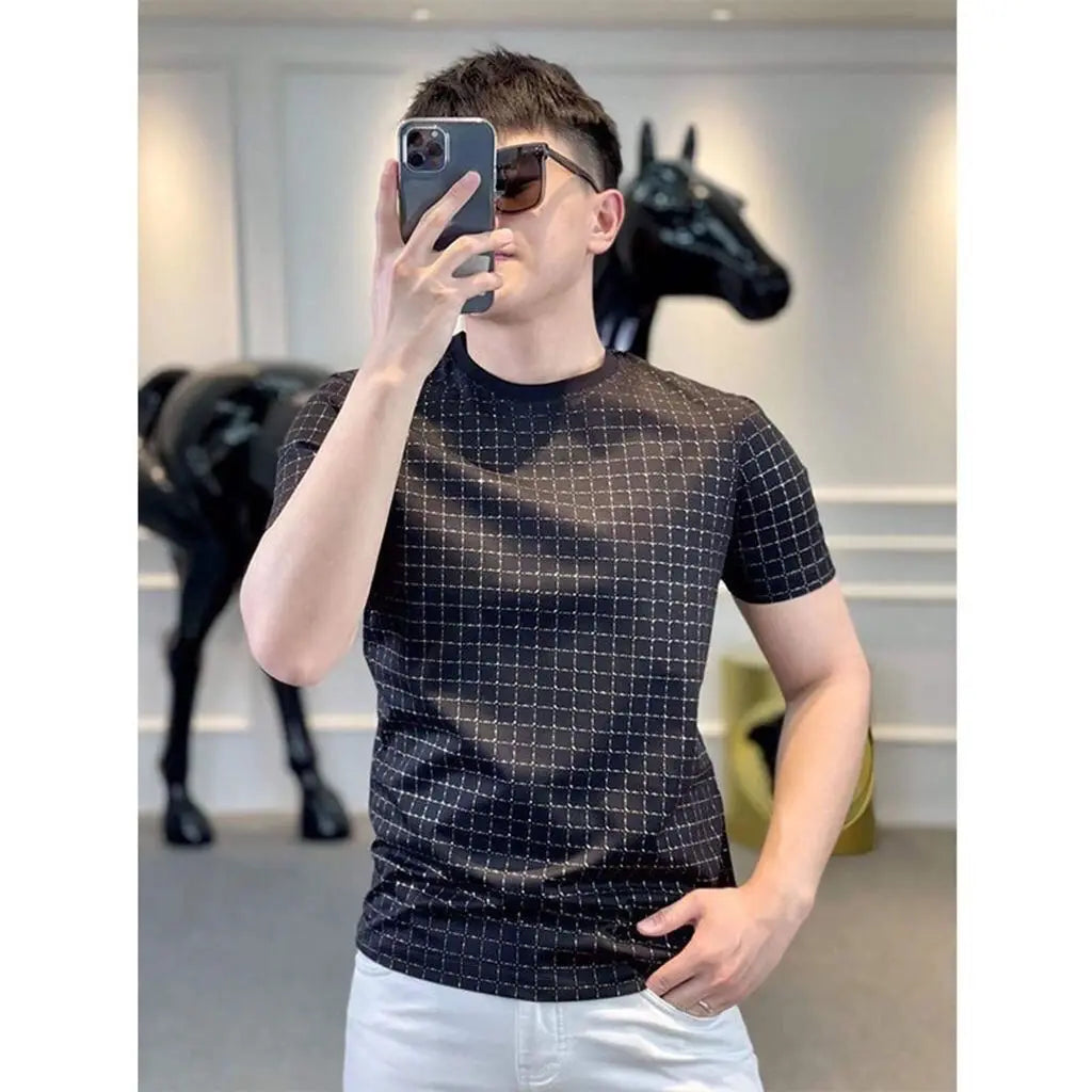 Summer Men Clothing Short Sleeve Plaid T-Shirts Streetwear Fashion Vintage Business Casual Round Neck Black Versatile Slim Tops