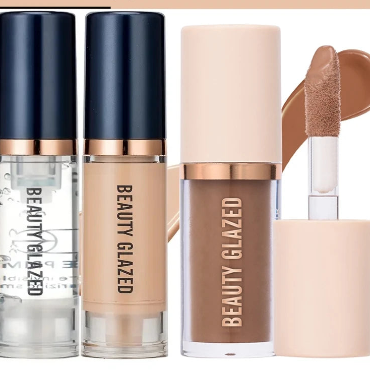 BEAUTY GLAZED 3pcs Face Makeup Set,Liquid Foundation+Primer+ Liquid Contour,Natural Weightless Long-wearing Smudgeproof Bronzer