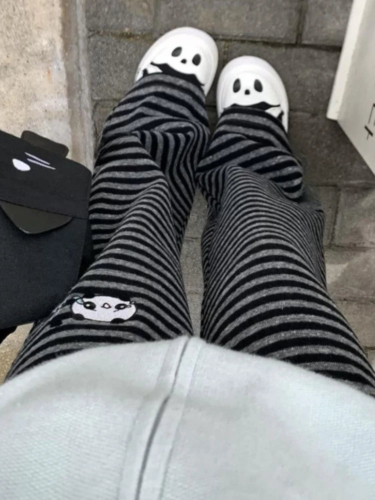 Streetwear Harajuku Stripe Wide Leg Trousers Y2k Kawaii Panda Embroidery Straight Pants Loose Vintage Casual Pantalones Women