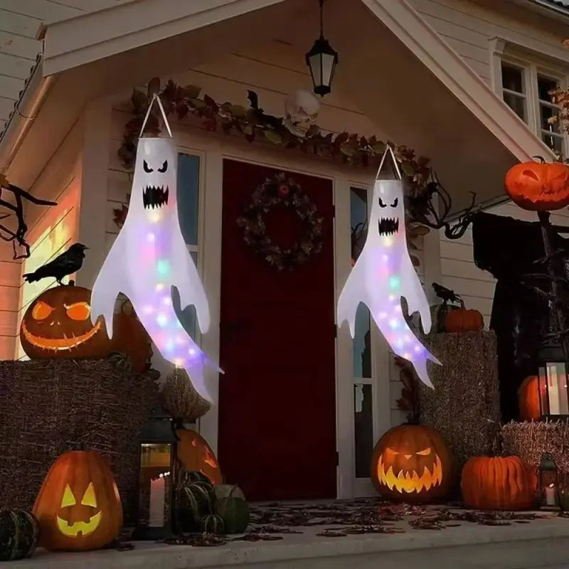 Halloween Led Floating Glowing Ghosts Hang Emoticon Ghost Weather Vane Outdoors Colorful Glowing Floating Ghost Pendant