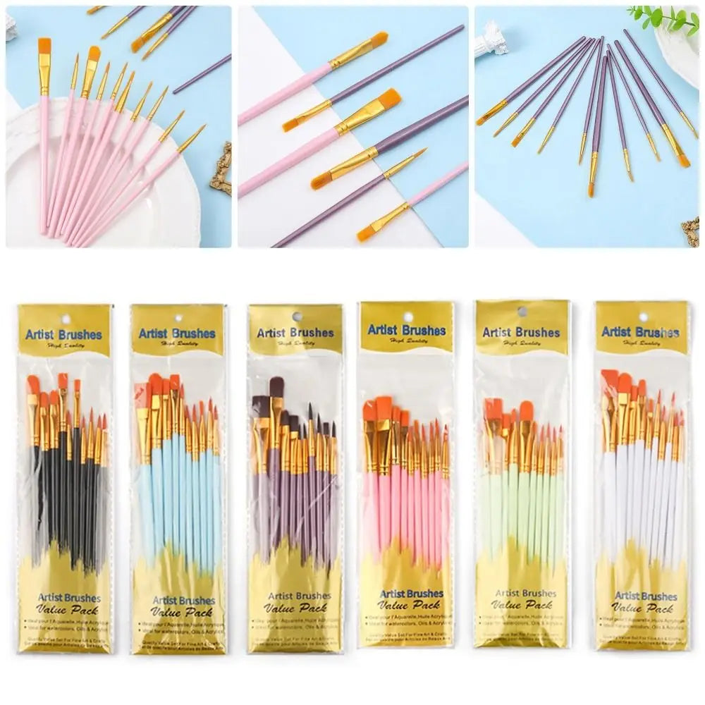 10Pcs/set Professional Artist Paint Brush Set Nylon Hair Watercolor Acrylic Oil Painting Brushes Drawing Art Supply