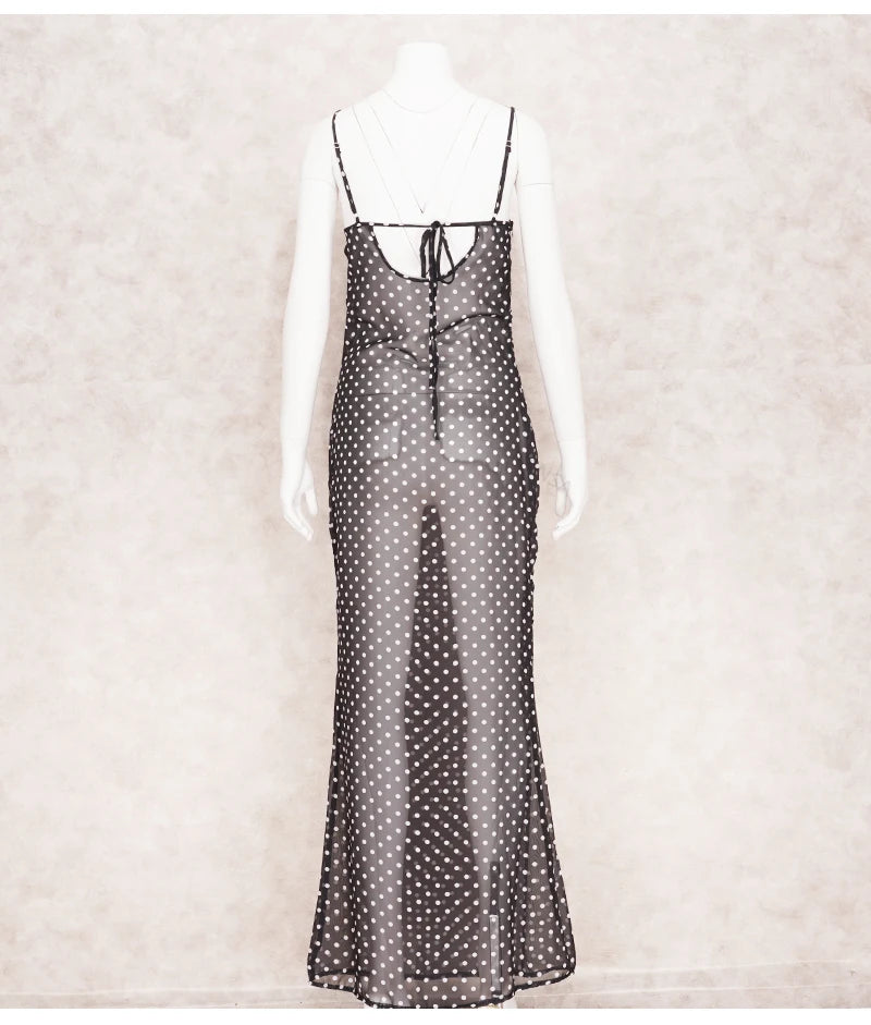 2025 Black Fashion Polka Dots Sundress Sexy See Through Spaghetti Strap Maxi Dress Women Summer Clothes Party Slip Dresses A1259