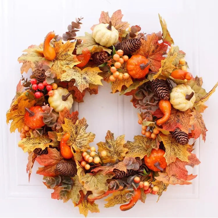 45cm Fall Wreaths Pumpkin Berry Maple Leaf Artificial Wreath Harvest Autumn Front Door Wreath Christmas Halloween Home Decor