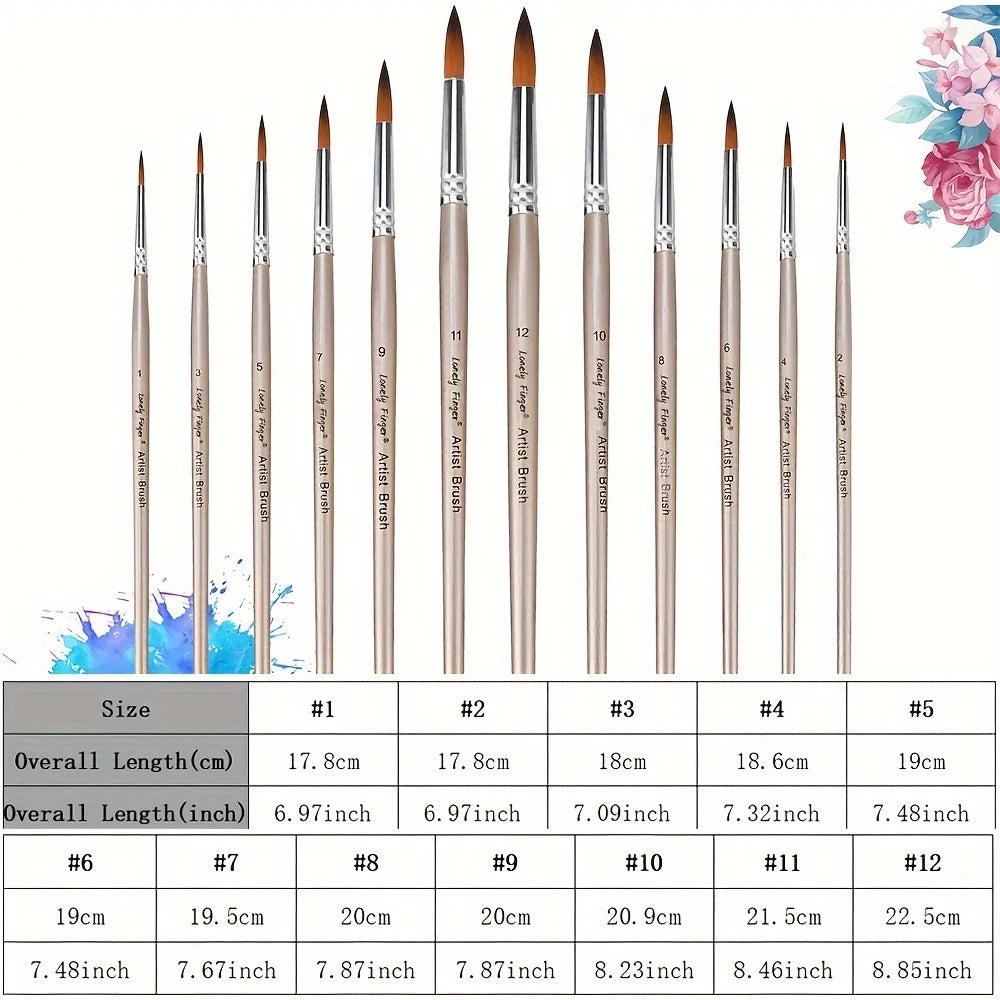 12pcs Professional Paint Brushes Set Round Pointed Tip Nylon Hair Artist Acrylic Brush For Acrylic Watercolor Oil Painting Body