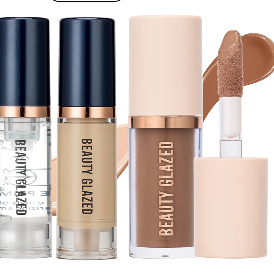 BEAUTY GLAZED 3pcs Face Makeup Set,Liquid Foundation+Primer+ Liquid Contour,Natural Weightless Long-wearing Smudgeproof Bronzer