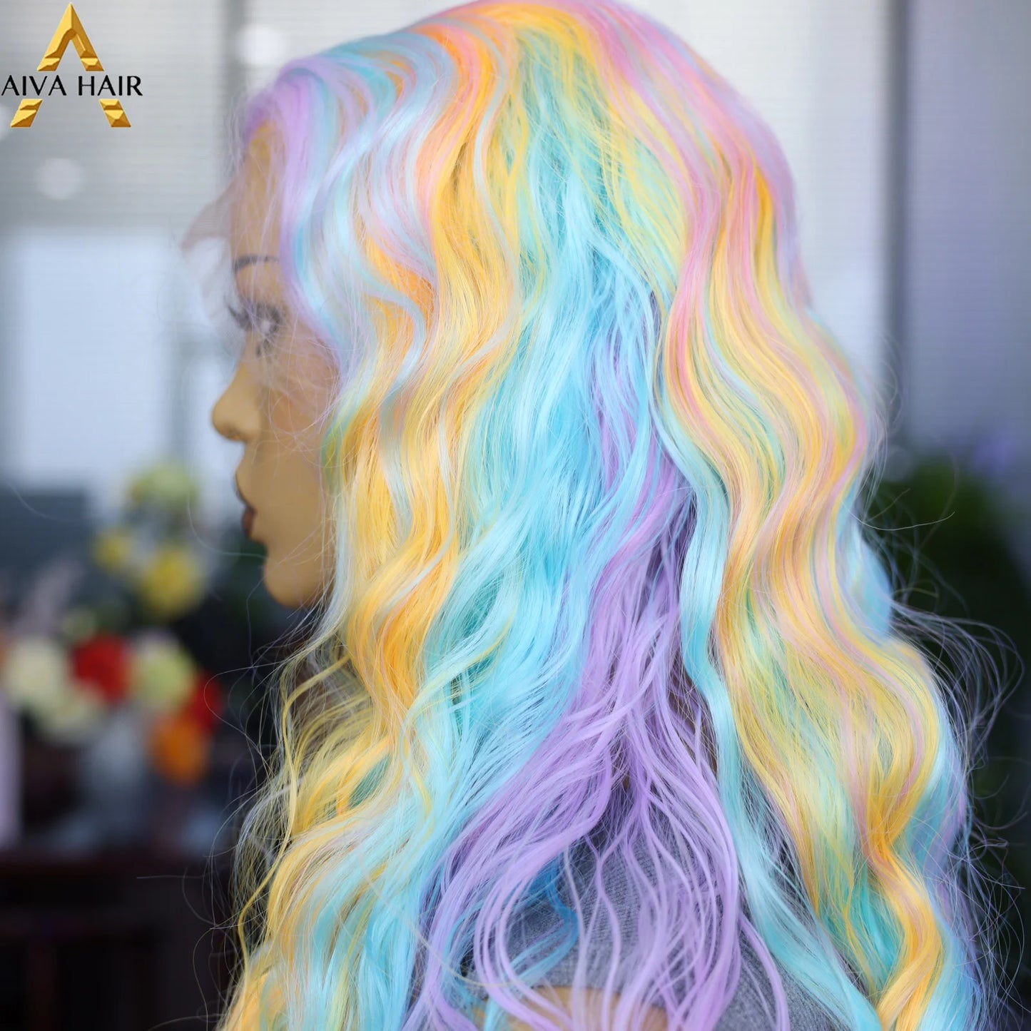 Aiva Rainbow Lace Front Long Wave Wig Multi Color Mixed Wig For Cosplay Party Wig Transparent Lace High Temperature Resistant