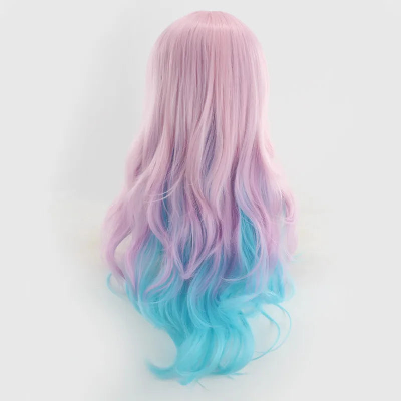 Synthetic Hair Blue Rainbow Wig With Bangs Wavy Party Cosplay Female Wigs For Women Long Anime Wig Colored Red Pink Brown Yellow