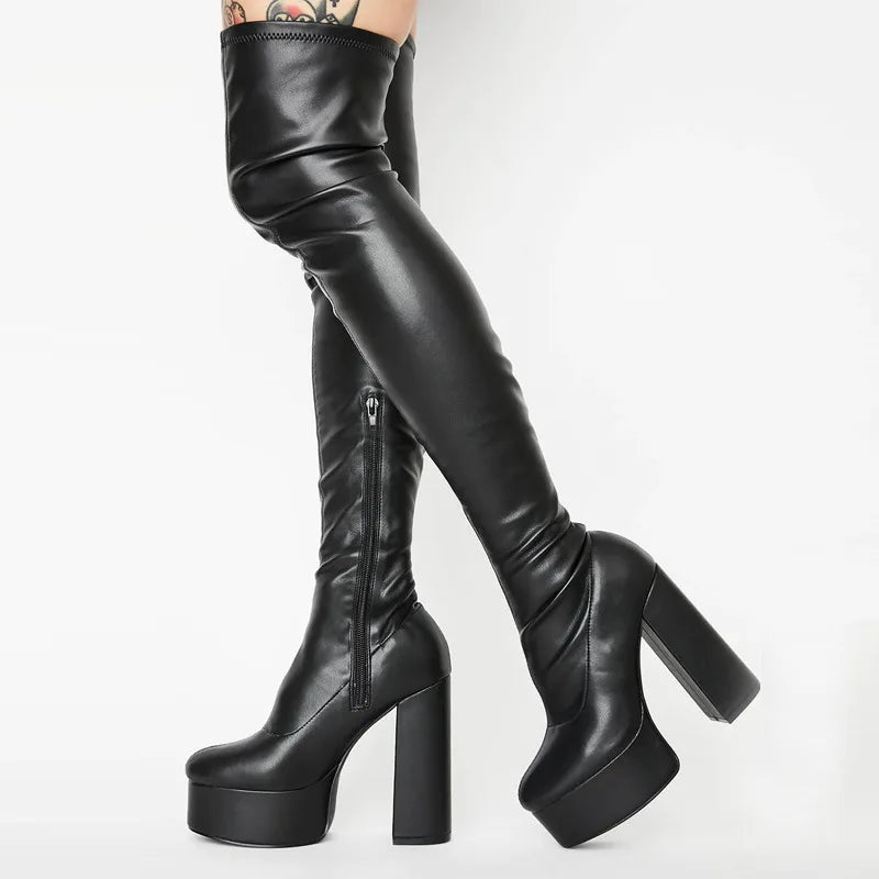 Sexy Ladies Platform Brand Elegant Long Thigh High Boots For Women Goth Stretch Elastic Thick High Heels Over The Knee Boots