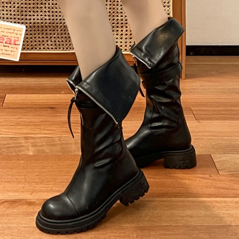 Winter Chelsea Boots Flats Knee High Women Platform Shoes New Fashion Punk Boots Gladiator Goth Walking Motorcycle Botas